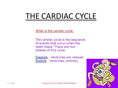 OCT 2009Dr Nyoman W / Dr DENNY AGUSTININGSIH1 THE CARDIAC CYCLE What is the cardiac cycle. The cardiac cycle is the sequence of events that occur when.