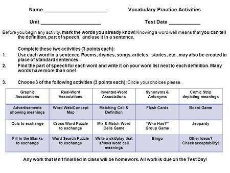 Name ______________________ Vocabulary Practice Activities Unit _____________________ 		Test Date ___________ Before you begin any activity,