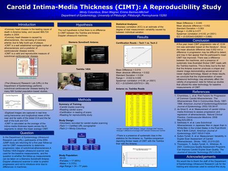 Carotid Intima-Media Thickness (CIMT): A Reproducibility Study Mindy Columbus, Brian Wagner, Emma Barinas-Mitchell Department of Epidemiology, University.