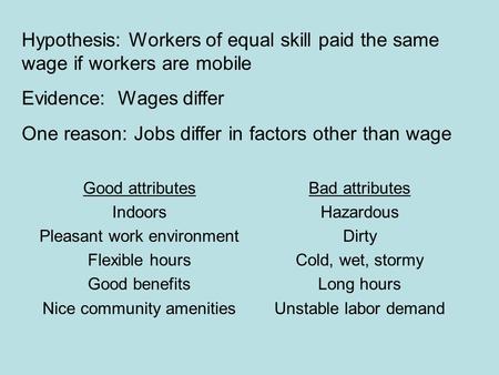 Hypothesis: Workers of equal skill paid the same wage if workers are mobile Evidence: Wages differ One reason: Jobs differ in factors other than wage Good.