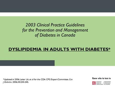 DYSLIPIDEMIA IN ADULTS WITH DIABETES* 2003 Clinical Practice Guidelines for the Prevention and Management of Diabetes in Canada *Updated in 2006. Leiter.