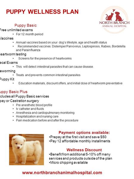 PUPPY WELLNESS PLAN www.northbranchanimalhospital.com Puppy Basic  Free unlimited exams For 12 month period  Vaccines Annual vaccines based on your dog’s.