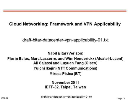 IETF-82 draft-bitar-datacenter-vpn-applicability-01.txt Page - 1 Cloud Networking: Framework and VPN Applicability draft-bitar-datacenter-vpn-applicability-01.txt.