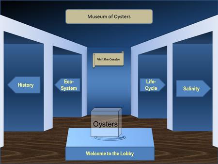Museum Entrance Welcome to the Lobby History Eco- System Salinity Life- Cycle Museum of Oysters Visit the Curator Oysters.