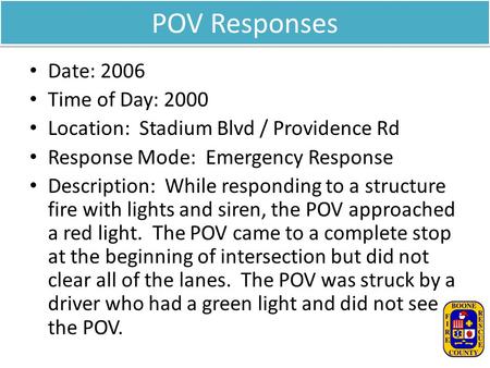 POV Responses Date: 2006 Time of Day: 2000 Location: Stadium Blvd / Providence Rd Response Mode: Emergency Response Description: While responding to a.