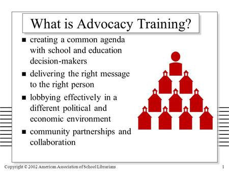Copyright © 2002 American Association of School Librarians1 What is Advocacy Training? n creating a common agenda with school and education decision-makers.