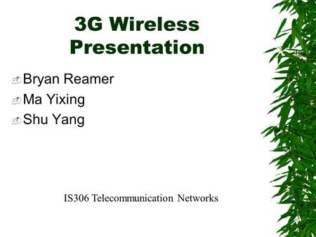 3G Wireless Presentation  Bryan Reamer  Ma Yixing  Shu Yang IS306 Telecommunication Networks.