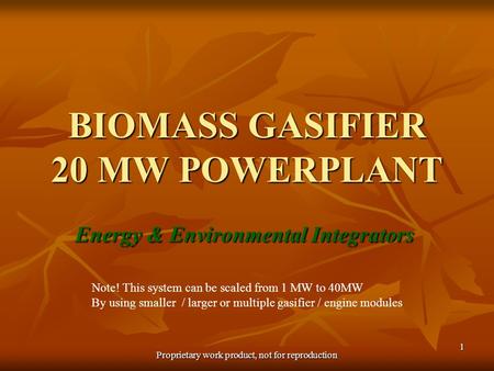 Proprietary work product, not for reproduction 1 BIOMASS GASIFIER 20 MW POWERPLANT Energy & Environmental Integrators Note! This system can be scaled from.