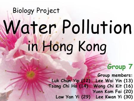 Water Pollution in Hong Kong Group members: Luk Chun Yip (12) Lee Wai Yin (13) Tsang Chi Ho (14) Wong Chi Kit (16) Yuen Kam Fai (20) Law Yan Yi (29) Lee.