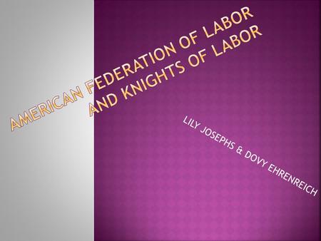 LILY JOSEPHS & DOVY EHRENREICH.  1866- Nation Labor Union forms  1869- Knights of Labor forms as a “Noble and Holy Order”  1877- Railroad workers strike.