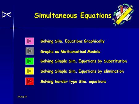 10-Aug-15 Solving Sim. Equations Graphically Solving Simple Sim. Equations by Substitution Simultaneous Equations Solving Simple Sim. Equations by elimination.