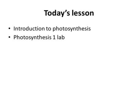 Today’s lesson Introduction to photosynthesis Photosynthesis 1 lab.