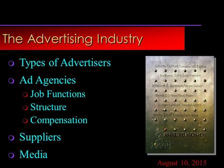 Copyright © 2002 by The McGraw-Hill Companies, Inc. All rights reserved. The Advertising Industry August 10, 2015  Types of Advertisers  Ad Agencies.