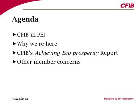 Www.cfib.ca Agenda CFIB in PEI Why we’re here CFIB’s Achieving Eco-prosperity Report Other member concerns.