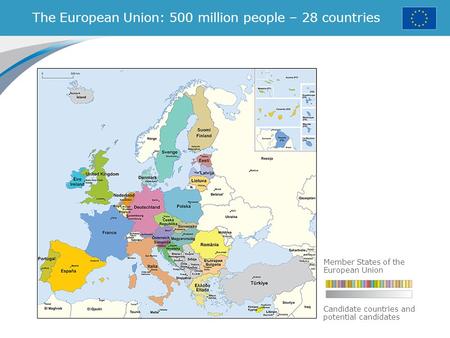 The European Union: 500 million people – 28 countries Member States of the European Union Candidate countries and potential candidates.
