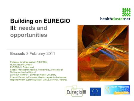 Building on EUREGIO III: needs and opportunities Brussels 3 February 2011 Professor Jonathan Watson PhD FRSM HCN Executive Director EUREGIO III Project.