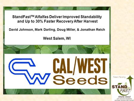 Patent Pending StandFast TM Alfalfas Deliver Improved Standability and Up to 30% Faster Recovery After Harvest David Johnson, Mark Darling, Doug Miller,