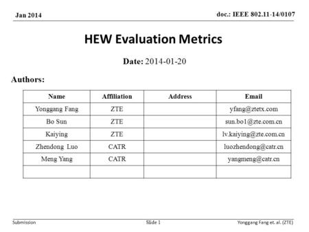Doc.: IEEE 802.11-14/0107 Jan 2014 SubmissionYonggang Fang et. al. (ZTE) HEW Evaluation Metrics Date: 2014-01-20 Slide 1 Authors: NameAffiliationAddressEmail.