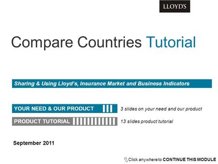 Sharing & Using Lloyd’s, Insurance Market and Business Indicators Click anywhere to CONTINUE THIS MODULE YOUR NEED & OUR PRODUCT PRODUCT TUTORIAL 3 slides.