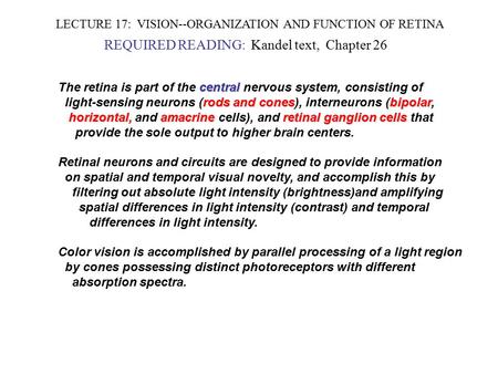 LECTURE 17: VISION--ORGANIZATION AND FUNCTION OF RETINA REQUIRED READING: Kandel text, Chapter 26 central The retina is part of the central nervous system,