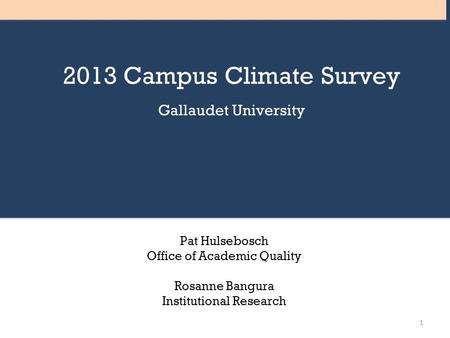 2013 Campus Climate Survey Gallaudet University 1 Pat Hulsebosch Office of Academic Quality Rosanne Bangura Institutional Research.