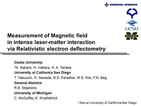 Measurement of Magnetic field in intense laser-matter interaction via Relativistic electron deflectometry Osaka University *N. Nakanii, H. Habara, K. A.