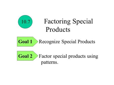 Factoring Special Products Goal 1 Recognize Special Products Goal 2 Factor special products using patterns. 10.7.