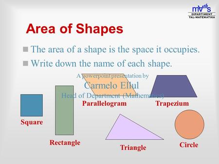 Area of Shapes n The area of a shape is the space it occupies. n Write down the name of each shape. Square Rectangle ParallelogramTrapezium Circle Triangle.