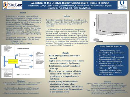 Evaluation of the Lifestyle History Questionnaire- Phase III Testing Julie Lamielle, COTA/L, Crystal Marietta, Jacob Mendelson, & Michelle Troup- Students.