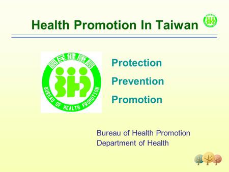 Health Promotion In Taiwan Protection Prevention Promotion Bureau of Health Promotion Department of Health.
