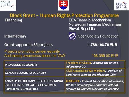 Block Grant – Human Rights Protection Programme Financing EEA Financial Mechanism Norwegian Financial Mechanism Slovak Republic Intermediary Open Society.