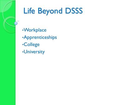 Life Beyond DSSS Workplace Apprenticeships College University.