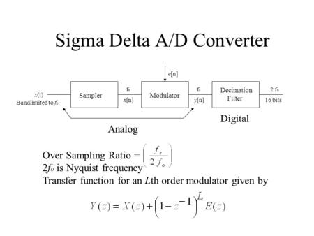 Sigma Delta A/D Converter SamplerModulator Decimation Filter x(t) x[n]y[n] Analog Digital fsfs fsfs 2 f o 16 bits e[n] Over Sampling Ratio = 2f o is Nyquist.