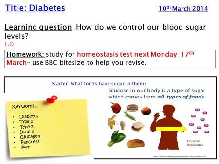 Title: Diabetes 10 th March 2014 Learning question: How do we control our blood sugar levels? L.O Homework: study for homeostasis test next Monday 17 th.