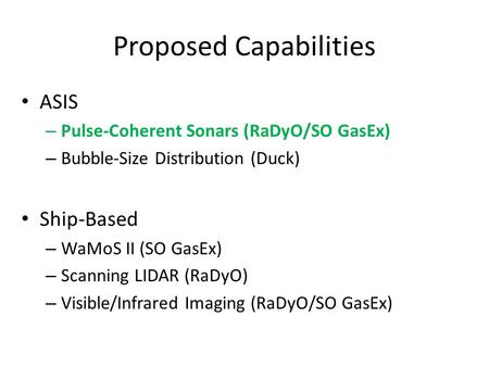 Proposed Capabilities ASIS – Pulse-Coherent Sonars (RaDyO/SO GasEx) – Bubble-Size Distribution (Duck) Ship-Based – WaMoS II (SO GasEx) – Scanning LIDAR.
