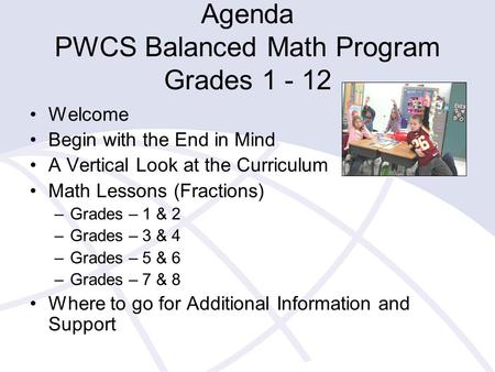 Agenda PWCS Balanced Math Program Grades