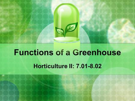 Functions of a Greenhouse Horticulture II: 7.01-8.02.