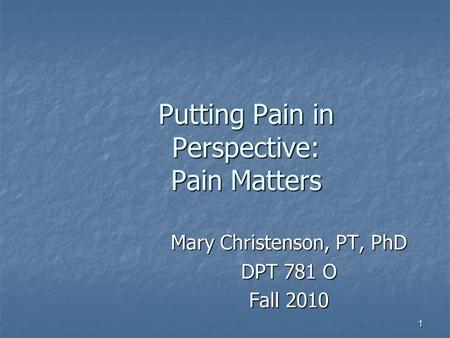 1 Putting Pain in Perspective: Pain Matters Mary Christenson, PT, PhD DPT 781 O Fall 2010.