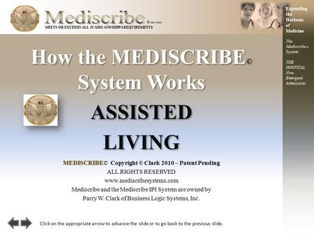 How the MEDISCRIBE © System Works © clark 2010 ASSISTED LIVING ASSISTED LIVING MEDISCRIBEMEDISCRIBE© Copyright © Clark 2010 – Patent Pending ALL RIGHTS.