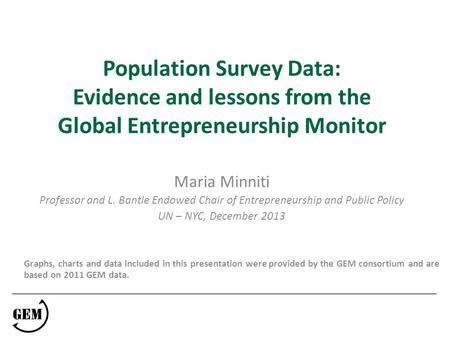 Population Survey Data: Evidence and lessons from the Global Entrepreneurship Monitor Maria Minniti Professor and L. Bantle Endowed Chair of Entrepreneurship.