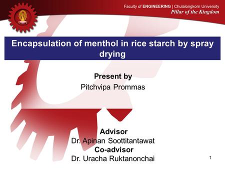 Present by Pitchvipa Prommas Advisor Dr. Apinan Soottitantawat Co-advisor Dr. Uracha Ruktanonchai Encapsulation of menthol in rice starch by spray drying.