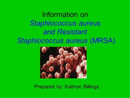 Information on Staphlococcus aureus and Resistant Staphlococcus aureus (MRSA) Prepared by: Kathryn Billings.