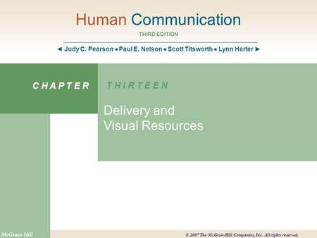 Human Communication THIRD EDITION ◄ Judy C. Pearson  Paul E. Nelson  Scott Titsworth  Lynn Harter ► C H A P T E R T H I R T E E N Delivery and Visual.
