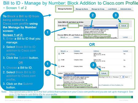 © 2013 Cisco and/or its affiliates. All rights reserved. Cisco Confidential 1 To Block a Bill to ID from being added to a Cisco.com profile using the Manage.