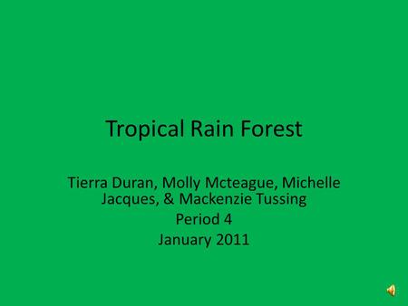 Tropical Rain Forest Tierra Duran, Molly Mcteague, Michelle Jacques, & Mackenzie Tussing Period 4 January 2011.