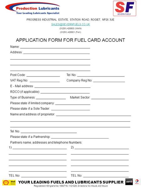 APPLICATION FORM FOR FUEL CARD ACCOUNT Name: ________________________________________ Address: ______________________________________ ______________________________________________.