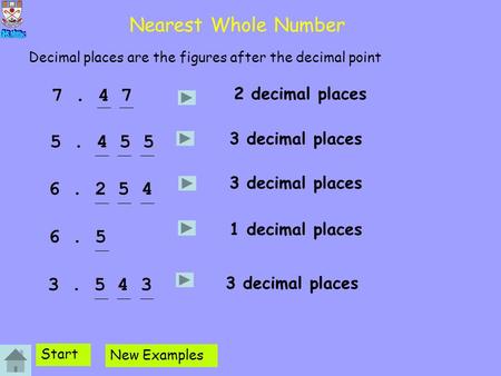 Nearest Whole Number Decimal places are the figures after the decimal point 7 . 4 7 2 decimal places 5 . 4 5 5 3 decimal places 3 decimal places 6 . 2.