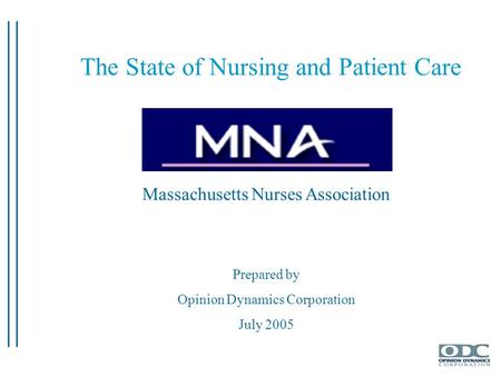 Massachusetts Nurses Association Prepared by Opinion Dynamics Corporation July 2005 The State of Nursing and Patient Care.