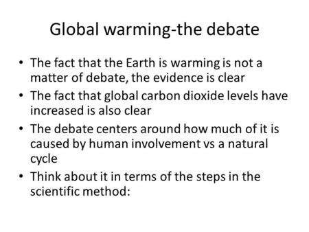 Global warming-the debate The fact that the Earth is warming is not a matter of debate, the evidence is clear The fact that global carbon dioxide levels.