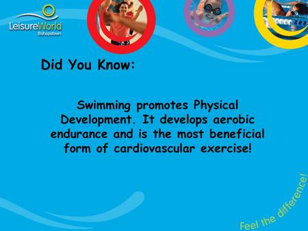 Did You Know: Swimming promotes Physical Development. It develops aerobic endurance and is the most beneficial form of cardiovascular exercise!